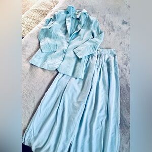 AOTC Womens Blue Linen Jacket Blazer Mahina High Waist Trousers Pants Set Size S